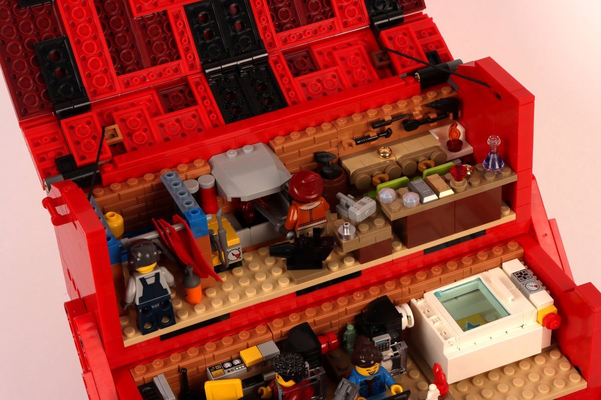 Close up shot inside Lego toolbox of blacksmithing forge