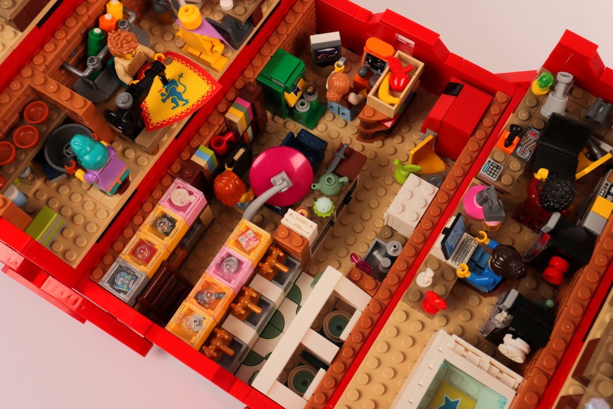Close up shot inside Lego toolbox of toilet and kitchen area