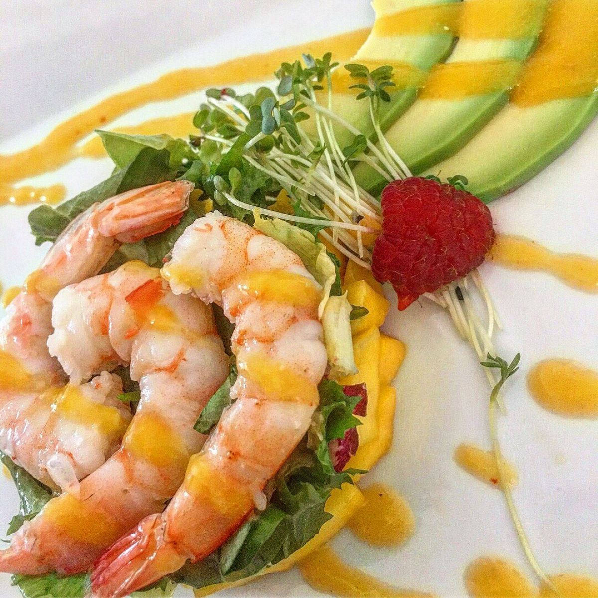 Giant tiger king prawns on a bed of salad and fruit with a mango sauce