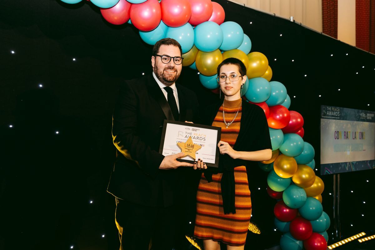 LIAM Award for Art winner Kiriyoko Barker with York College University Centre Principal Chief Executive Ken Merry