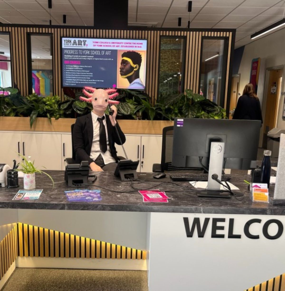 Person answers phone with axolotl mask on behind York College Welcome Desk