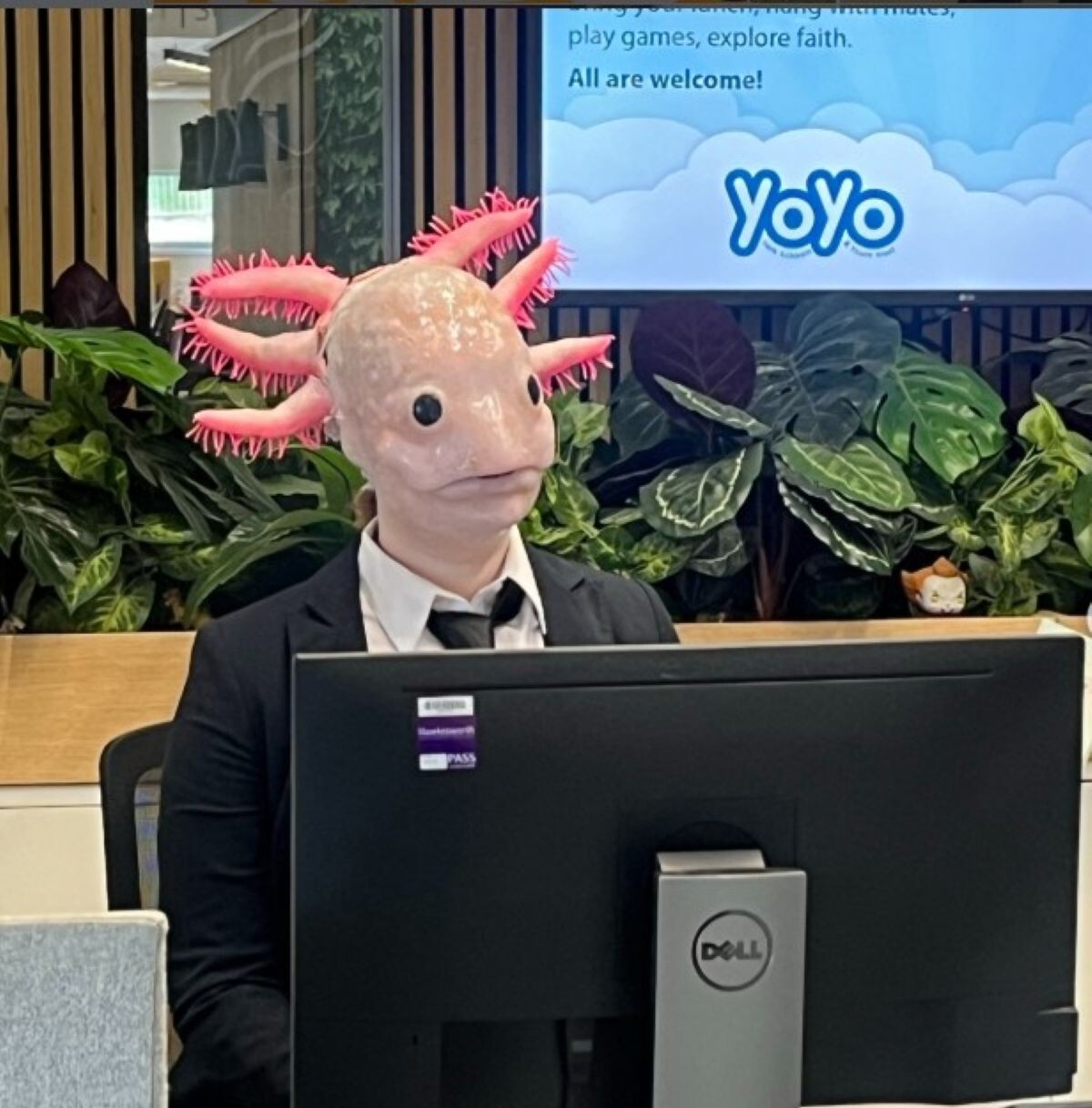 Person works with axolotl mask on behind York College Welcome Desk