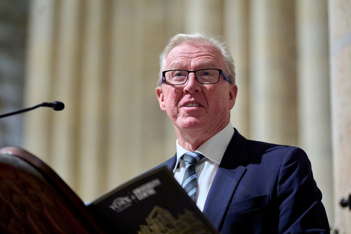 Steve Mc Claren delivering his speech at the lectern in York Minster