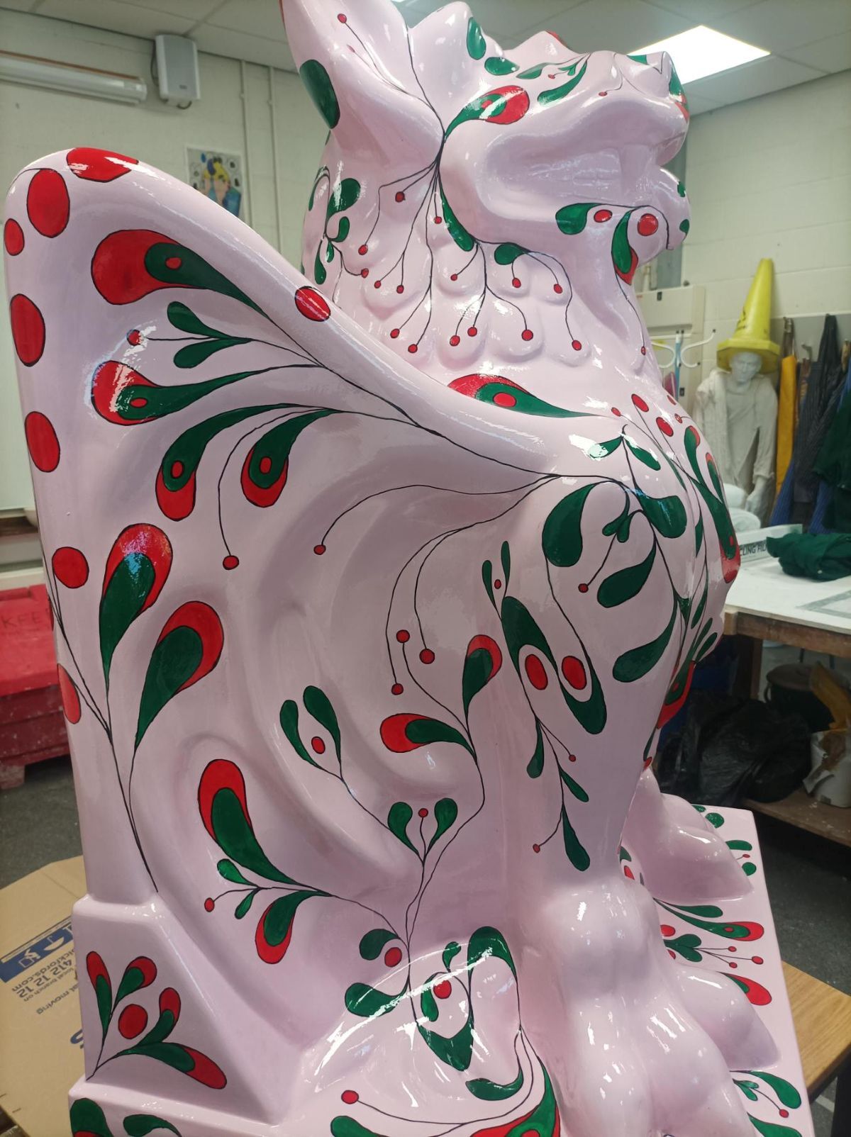 Varnished Watcher sculpture in College workshop right view