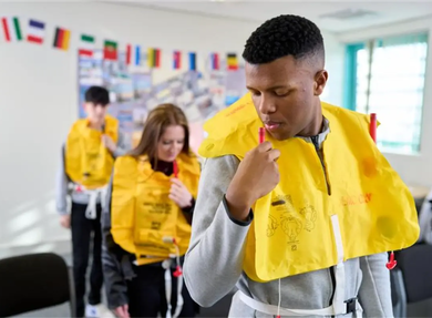 Travel tourism students practicing cabin crew